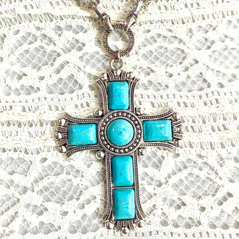Turquoise and Silver Cross Pendant Necklace - Picture 2 of 2
